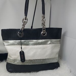 Cynthia Rowley Black and White and SilverTote with Silver Chains/Leather Straps